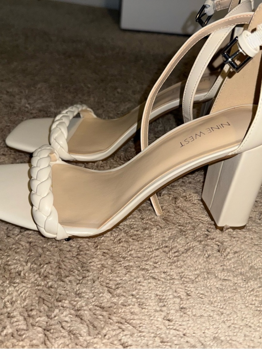 Cream Braided-Strap Square Toe Block Heels - Picture 2 of 4